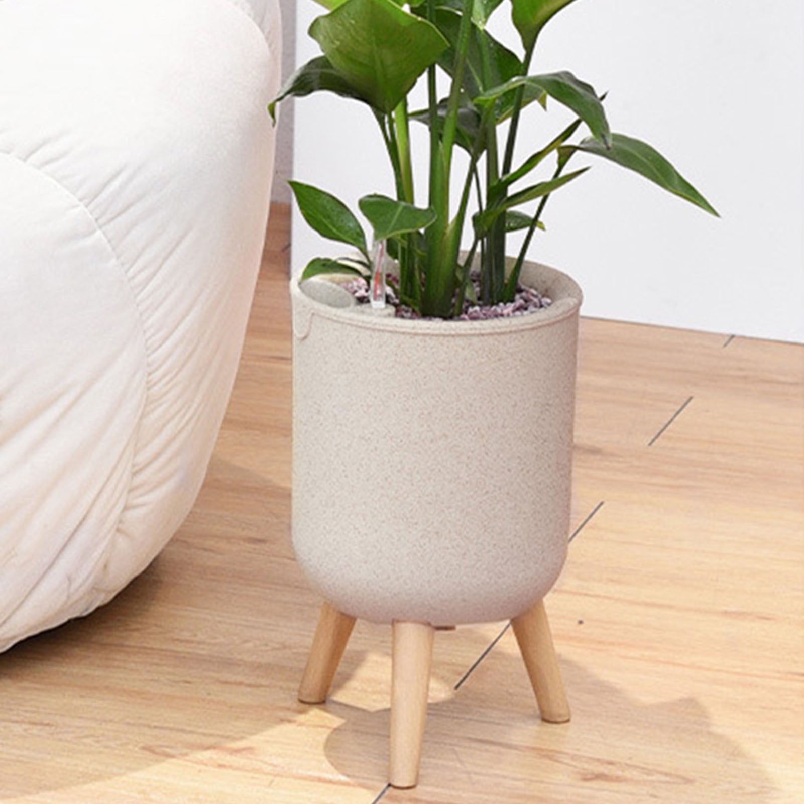 Vaso de Flores com Rega Automática – Verde Jardim | Plantador de Suculentas com Base de Madeira e Indicador de Água