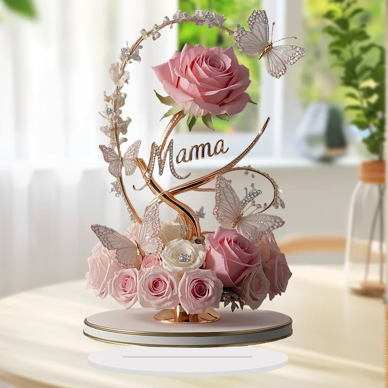 Rosa Acrílica Plana de 8 Polegadas - Presente Amoroso Verde Jardim para Dia das Mães e Aniversários