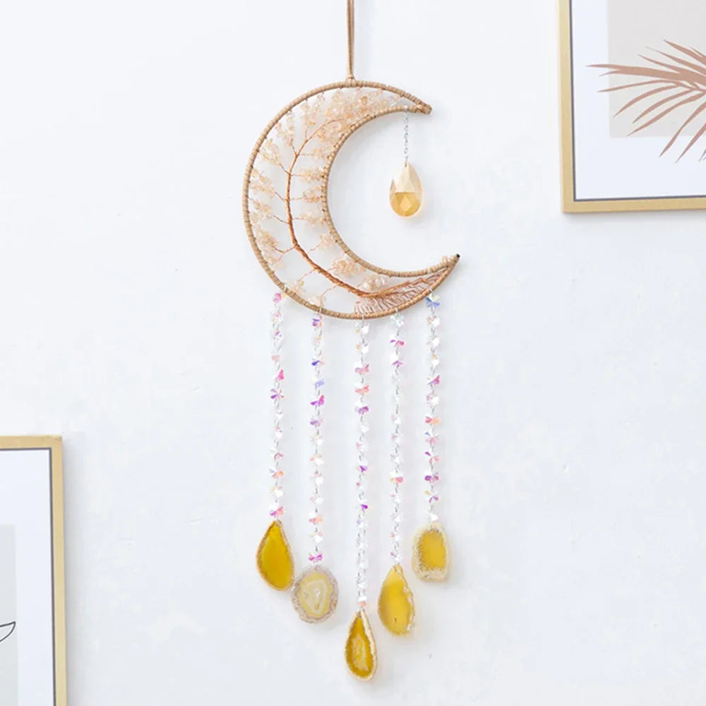 Apanhador de Sonhos com Pedra de Ágata Natural – Decoração Artesanal e Boho com Tema LOVE | Verde Jardim