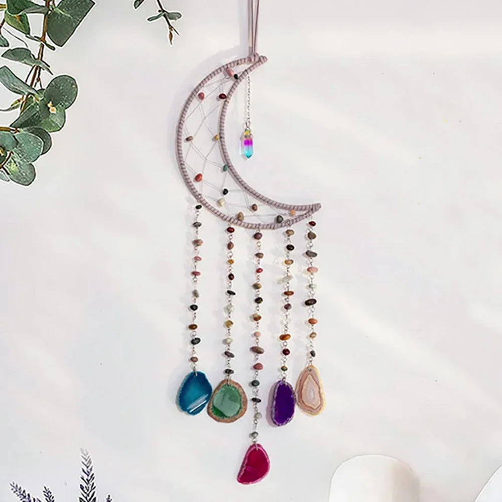 Apanhador de Sonhos com Pedra de Ágata Natural – Decoração Artesanal e Boho com Tema LOVE | Verde Jardim