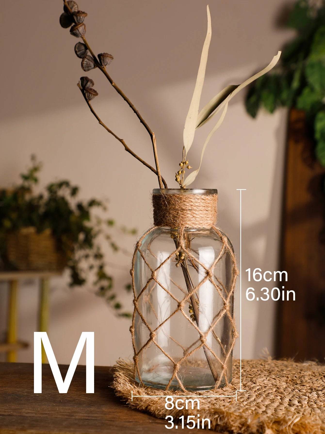 Mão tecido corda de cânhamo vaso de vidro flor seca decoração arte vaso de v