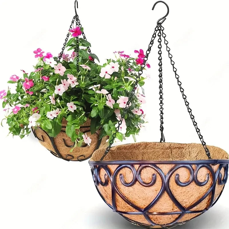 Cesta de Suspensão Redonda com Corrente e Revestimento de Fibra de Coco – Verde Jardim | Vaso Suspenso para Plantas e Decoração Externa