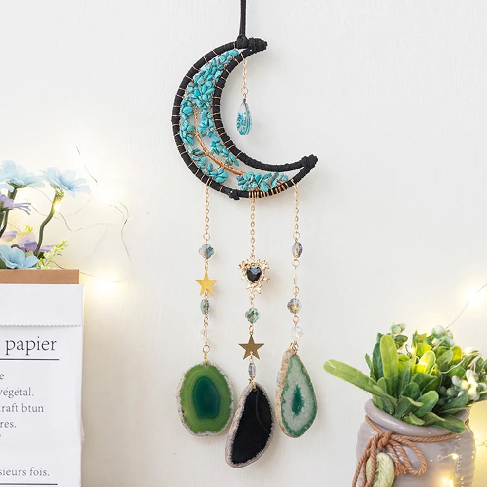 Apanhador de Sonhos com Pedra de Ágata Natural – Decoração Artesanal e Boho com Tema LOVE | Verde Jardim