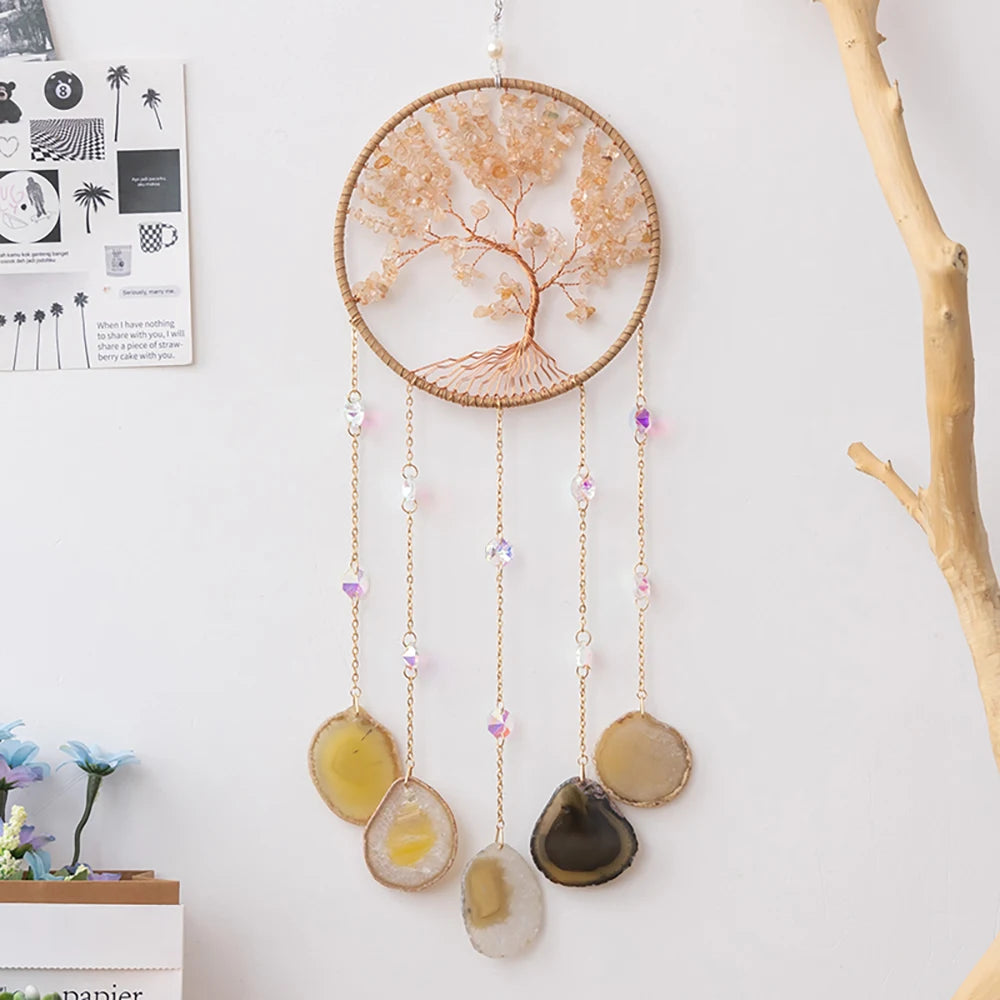 Apanhador de Sonhos com Pedra de Ágata Natural – Decoração Artesanal e Boho com Tema LOVE | Verde Jardim