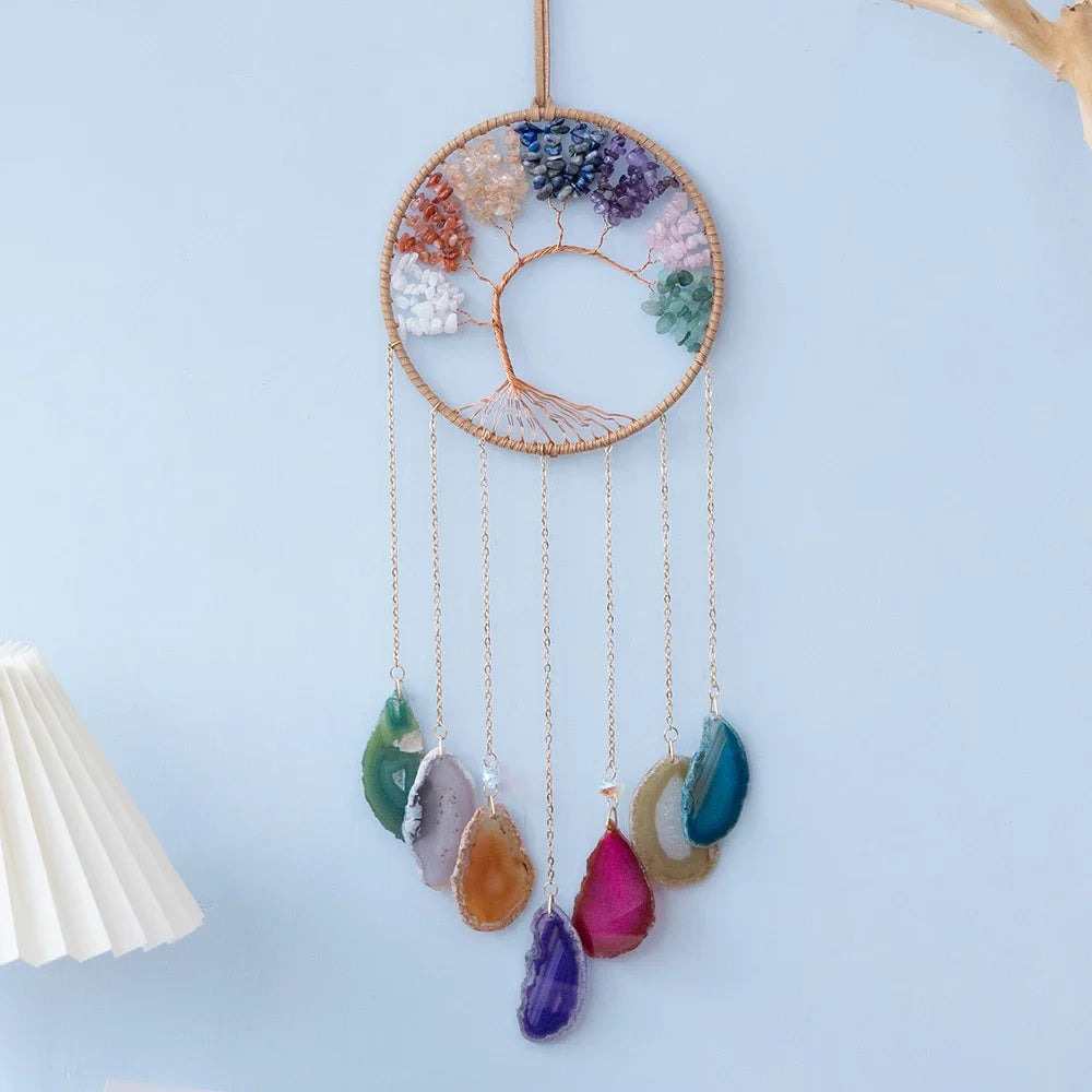 Apanhador de Sonhos com Pedra de Ágata Natural – Decoração Artesanal e Boho com Tema LOVE | Verde Jardim