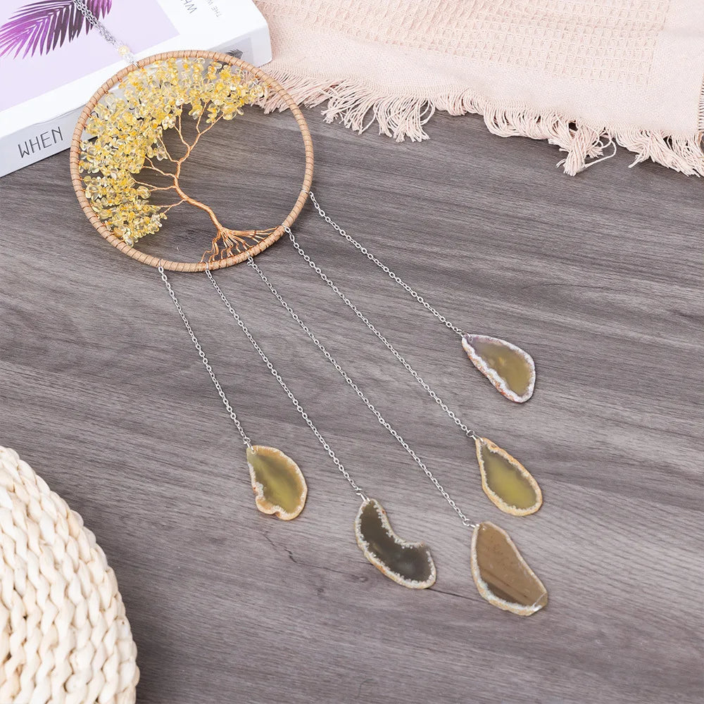 Apanhador de Sonhos com Pedra de Ágata Natural – Decoração Artesanal e Boho com Tema LOVE | Verde Jardim