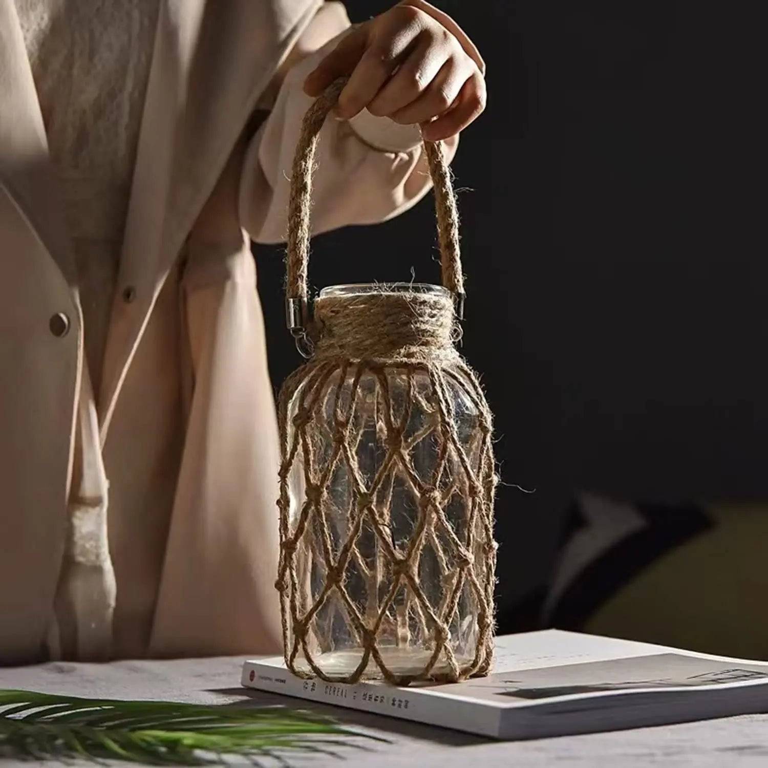 Mão tecido corda de cânhamo vaso de vidro flor seca decoração arte vaso de v