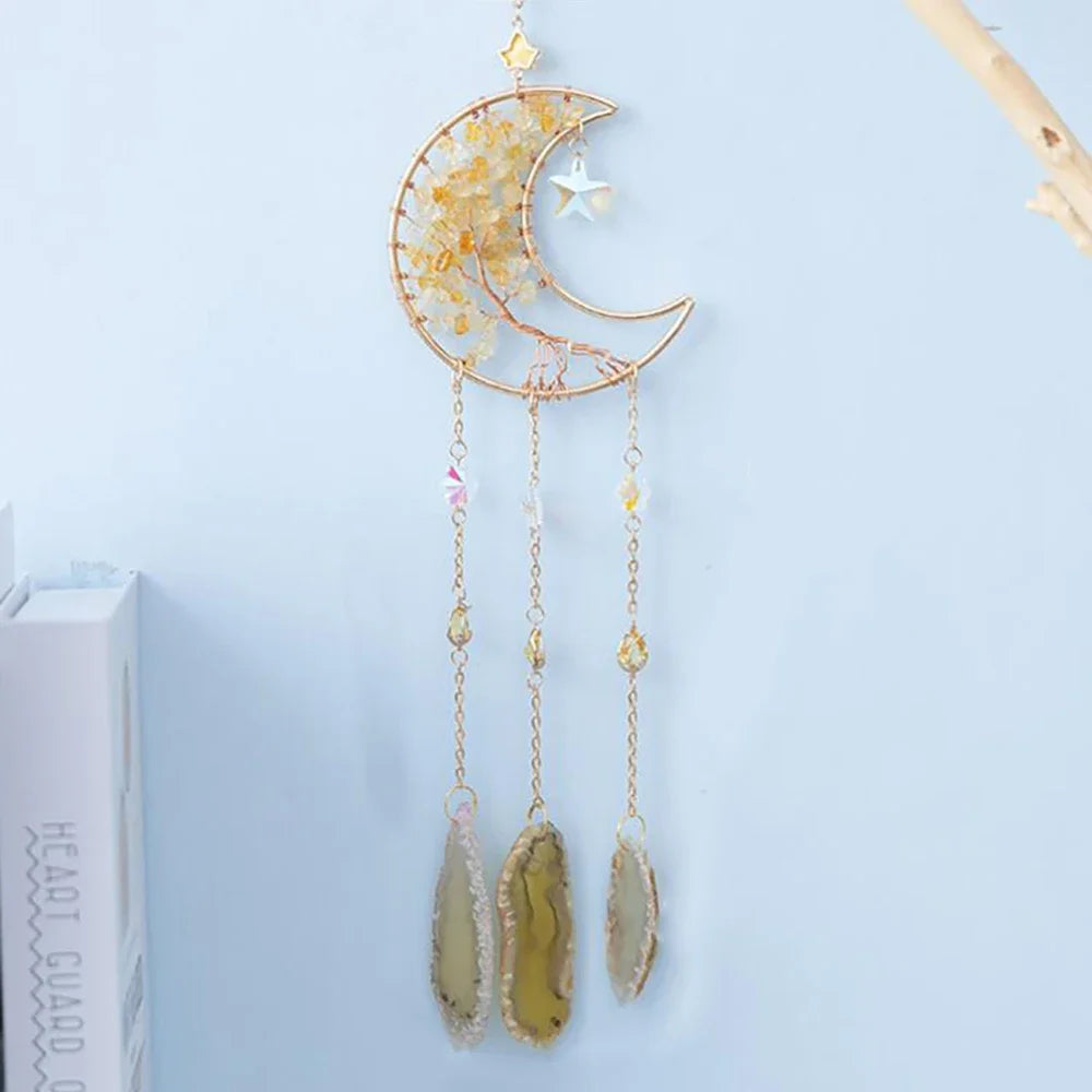 Apanhador de Sonhos com Pedra de Ágata Natural – Decoração Artesanal e Boho com Tema LOVE | Verde Jardim