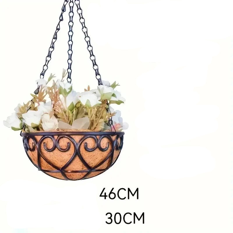 Cesta de Suspensão Redonda com Corrente e Revestimento de Fibra de Coco – Verde Jardim | Vaso Suspenso para Plantas e Decoração Externa