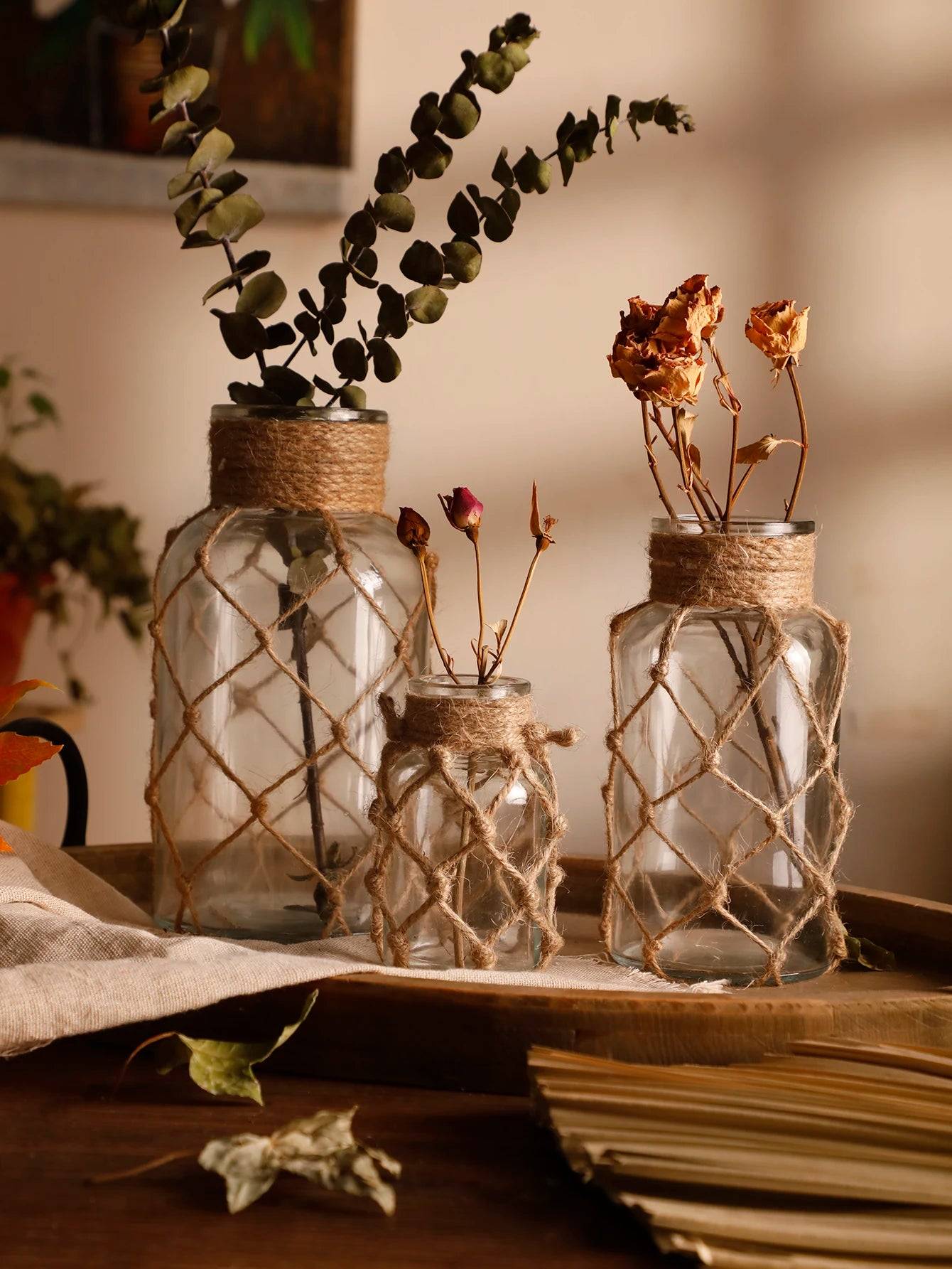 Mão tecido corda de cânhamo vaso de vidro flor seca decoração arte vaso de v