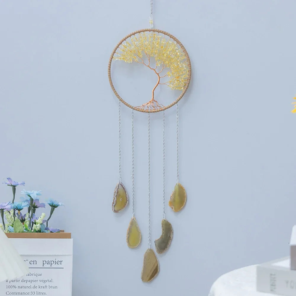Apanhador de Sonhos com Pedra de Ágata Natural – Decoração Artesanal e Boho com Tema LOVE | Verde Jardim
