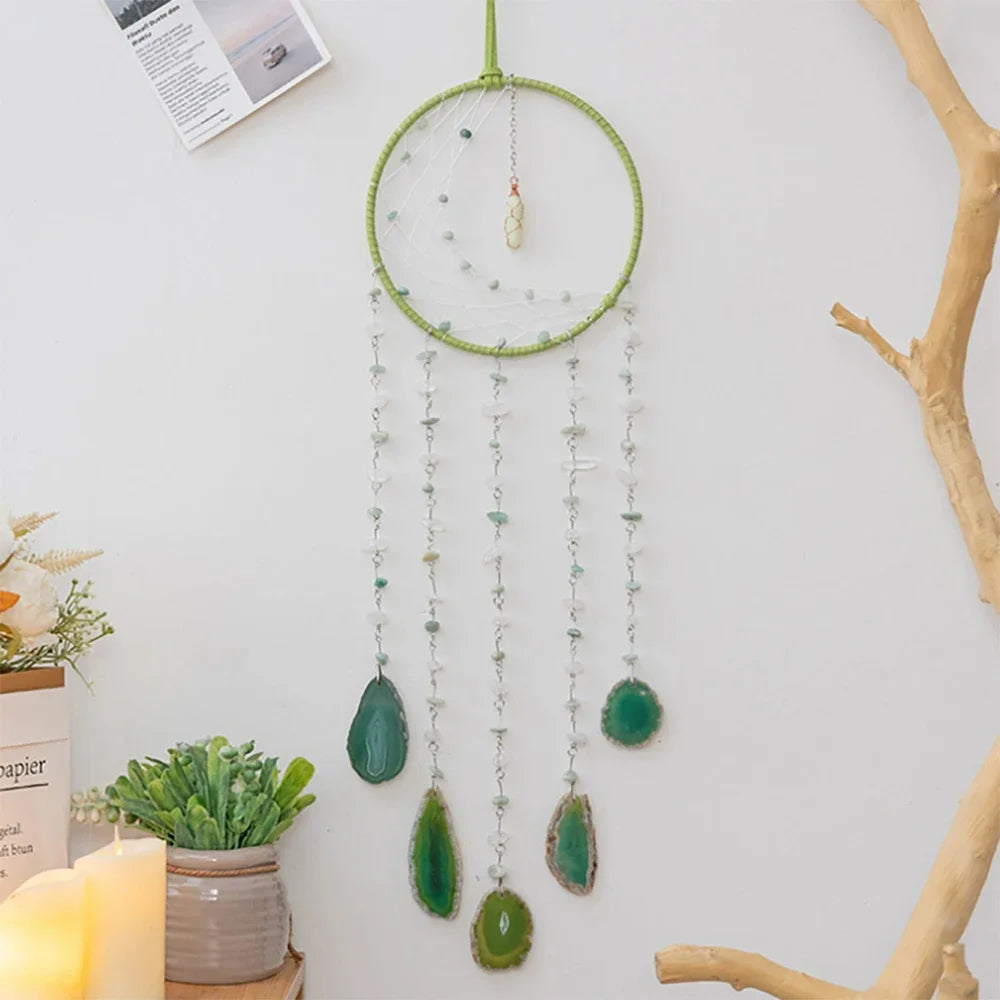 Apanhador de Sonhos com Pedra de Ágata Natural – Decoração Artesanal e Boho com Tema LOVE | Verde Jardim
