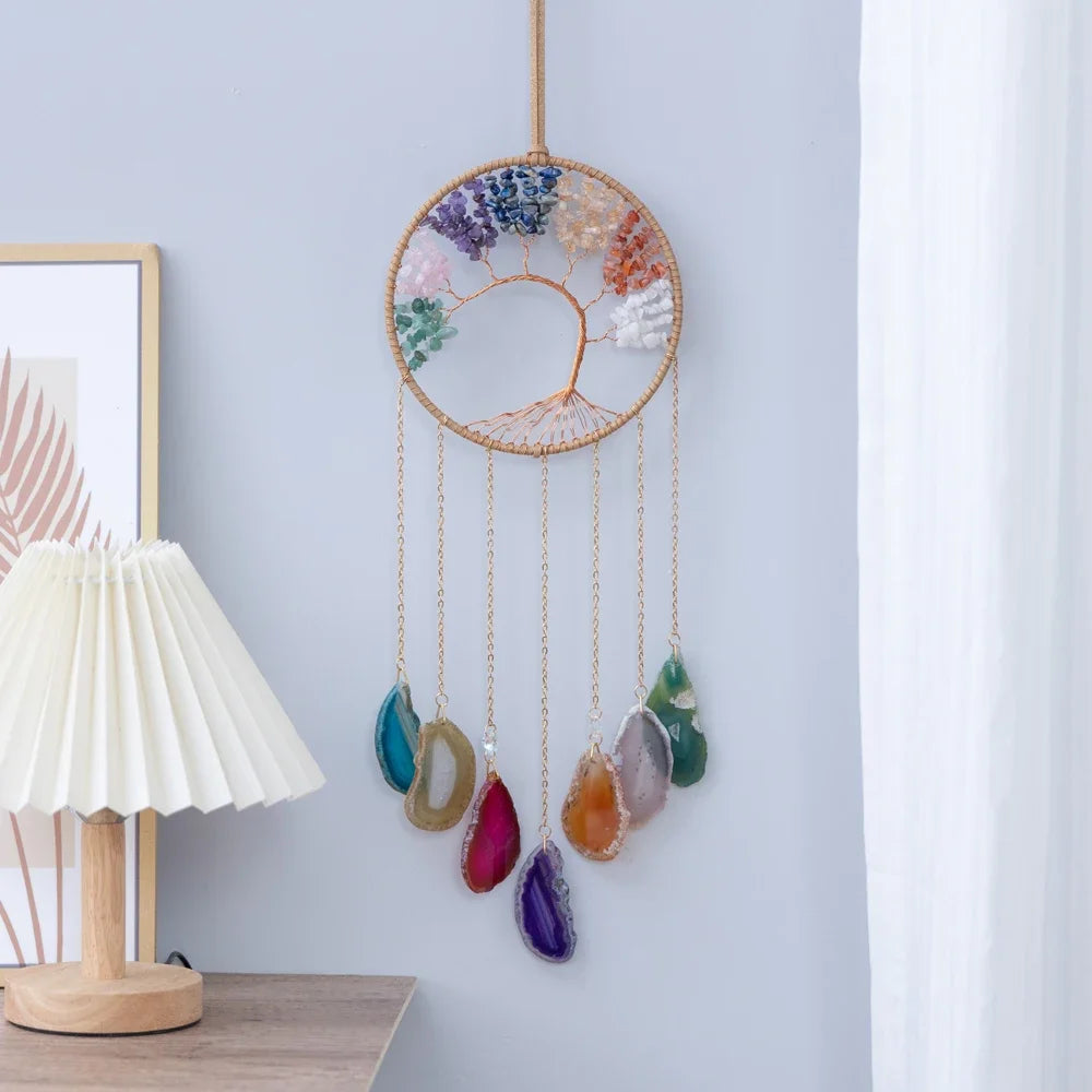 Apanhador de Sonhos com Pedra de Ágata Natural – Decoração Artesanal e Boho com Tema LOVE | Verde Jardim