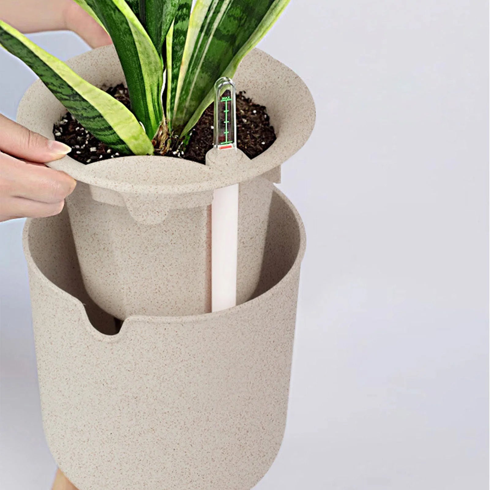 Vaso de Flores com Rega Automática – Verde Jardim | Plantador de Suculentas com Base de Madeira e Indicador de Água