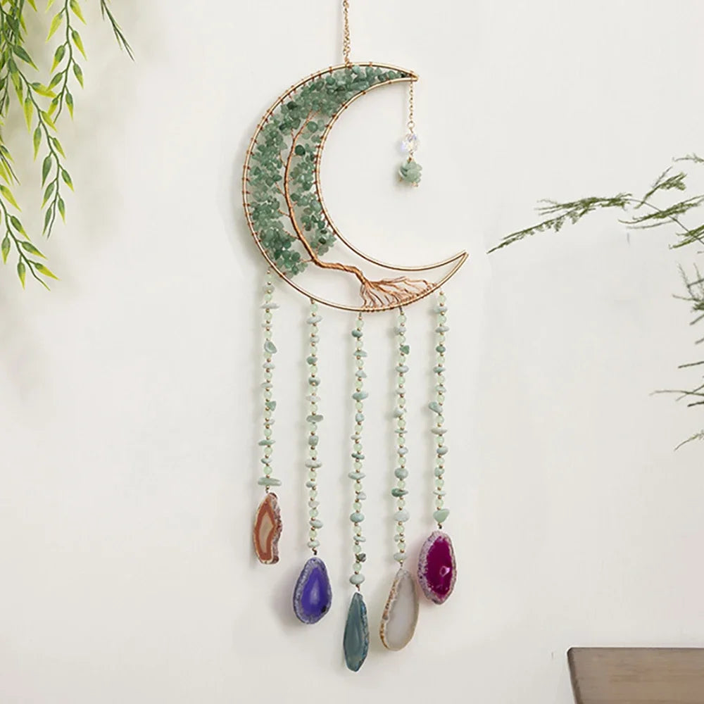Apanhador de Sonhos com Pedra de Ágata Natural – Decoração Artesanal e Boho com Tema LOVE | Verde Jardim