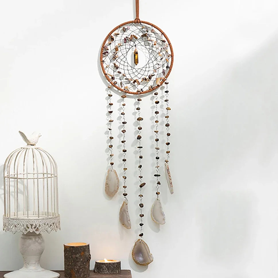 Apanhador de Sonhos com Pedra de Ágata Natural – Decoração Artesanal e Boho com Tema LOVE | Verde Jardim