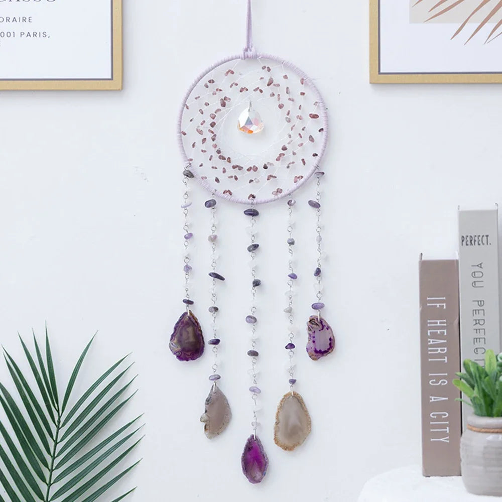 Apanhador de Sonhos com Pedra de Ágata Natural – Decoração Artesanal e Boho com Tema LOVE | Verde Jardim