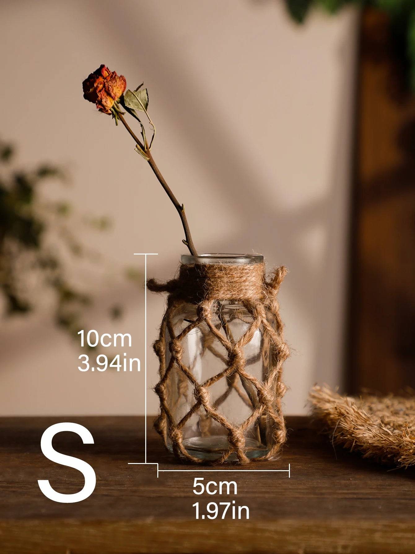 Mão tecido corda de cânhamo vaso de vidro flor seca decoração arte vaso de v