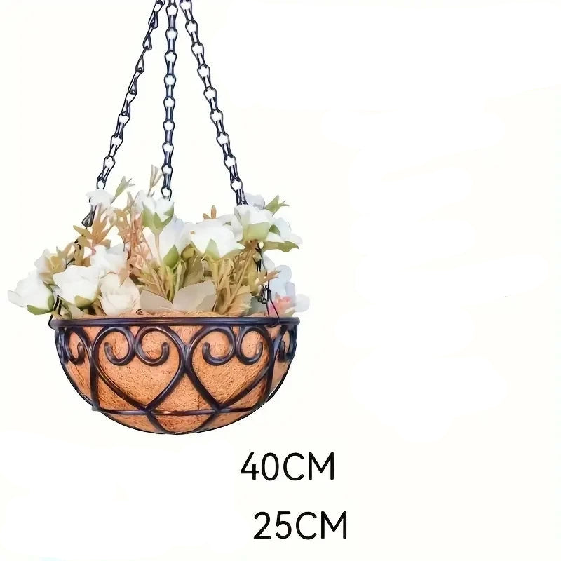 Cesta de Suspensão Redonda com Corrente e Revestimento de Fibra de Coco – Verde Jardim | Vaso Suspenso para Plantas e Decoração Externa